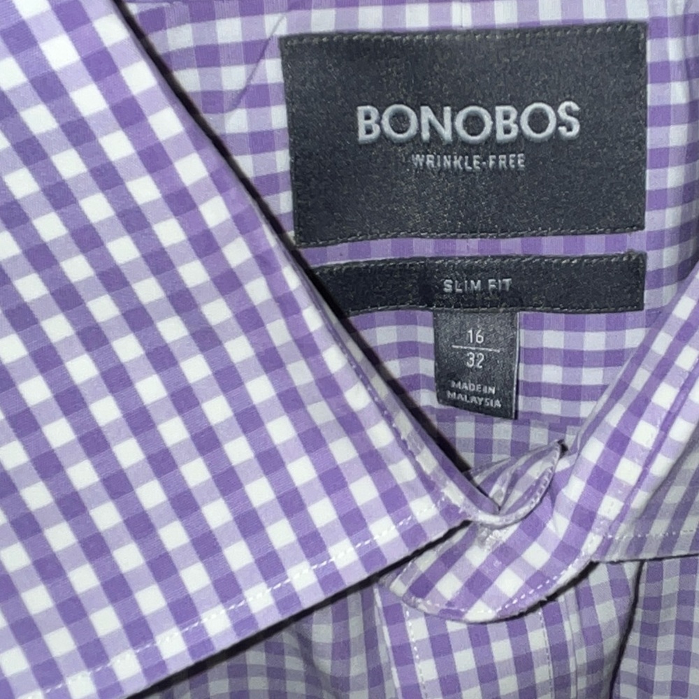 Bonobos Men's Lavender Checked Button Down Shirt 16 x 32 slim fit 100% cotton